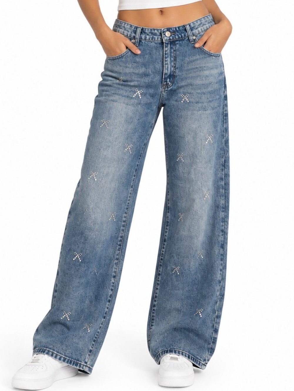 NWT Forever 21 Size 14 Low Rise Wide Leg Rhinestone Jeans Y2K Acid Wash